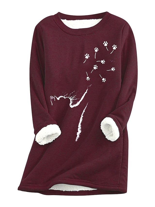Women's Fleece Pullover Sweatshirt Wine Red West Red Black Animal Cat Print Long Sleeve Home Daily Basic Casual Sherpa Fleece Crew Neck Cotton L - LuckyFash™