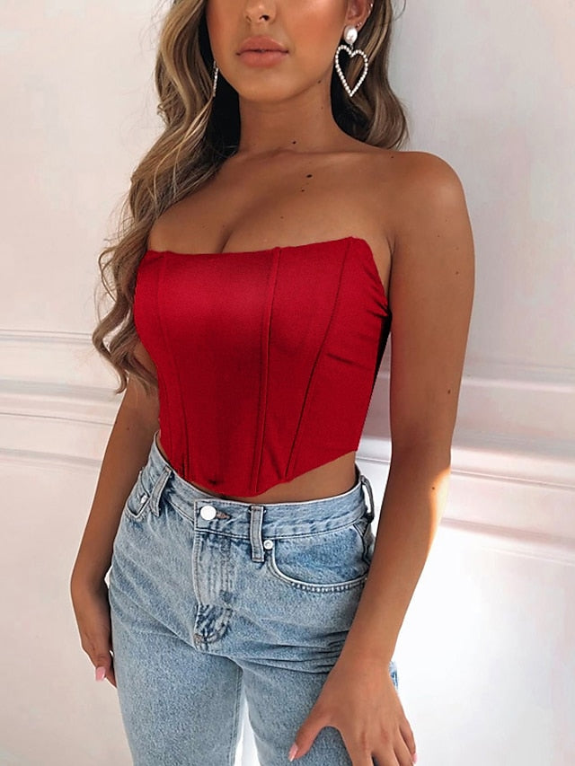Women's Bandeau Corset Black Pink Red Plain Sleeveless Holiday Weekend Streetwear Casual Strapless Crop Slim S - LuckyFash™