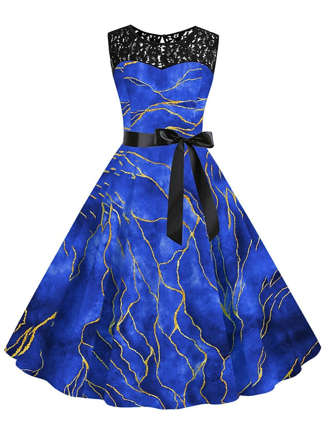 Women's Elegant Retro Lace Dress Midi Dress Outdoor Office Lace Patchwork Butterfly Crew Neck Sleeveless Regular Fit Summer Spring 2023 Navy Blue Blue S M L XL - LuckyFash™