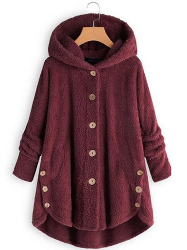 Fleece Jacket Pullover Sherpa Fleece Teddy Button Front Pocket claret turmeric Black Solid Color Street Hoodie Plus Size Long Sleeve Fleece for Women - LuckyFash™