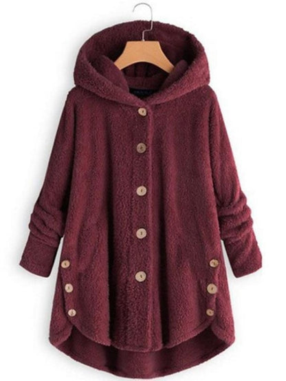 Fleece Jacket Pullover Sherpa Fleece Teddy Button Front Pocket claret turmeric Black Solid Color Street Hoodie Plus Size Long Sleeve Fleece for Women - LuckyFash™