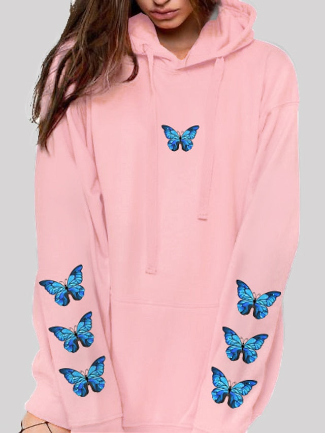 Women's Hoodie Pullover Graphic Butterfly Front Pocket Daily Basic Casual Hoodies Sweatshirts  Blushing Pink Black White - LuckyFash™