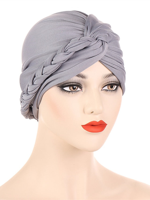 Women Lady Muslim Braid Head Turban Wrap Plain Color Islamic Arab Cap Hat Hair Loss Bonnet Beanies - LuckyFash™