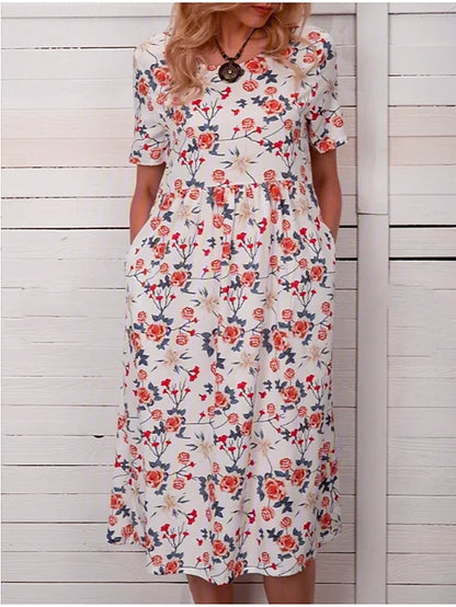 Women's Floral Dress Knee Length Dress Orange Red Short Sleeve Floral Pocket Print Spring Summer Crew Neck Casual 2022 M L XL XXL 3XL - LuckyFash™