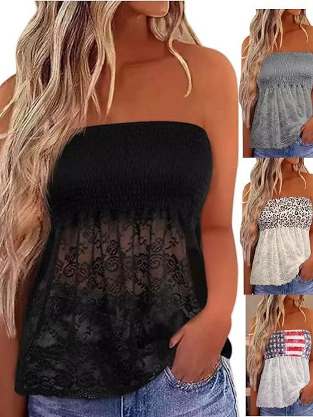 Bandeau Tube Top Black White Khaki Flag Leopard Lace Print Sleeveless Casual Holiday Basic Cold Shoulder Regular S for Women - LuckyFash™