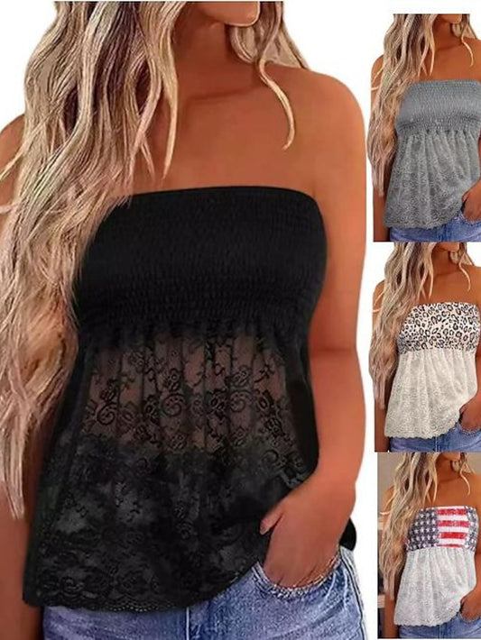 Bandeau Tube Top Black White Khaki Flag Leopard Lace Print Sleeveless Casual Holiday Basic Cold Shoulder Regular S for Women - LuckyFash™