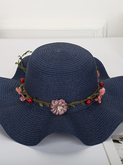 Women's Hat Straw Hat Sun Hat White Blue Khaki Lawn Festival Bow Print Flower Portable Windproof Breathable - LuckyFash™