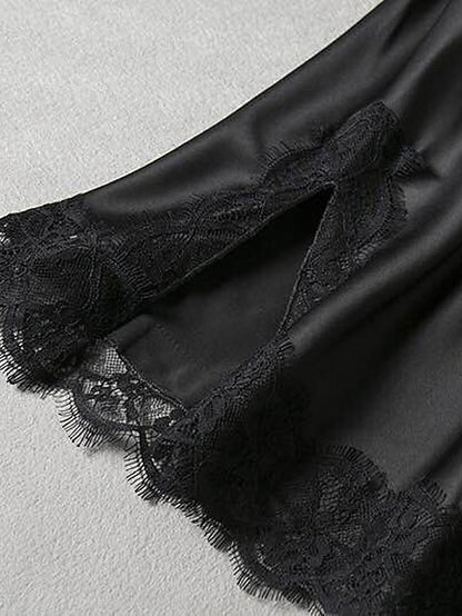 Gift Pajamas Nightgown Home Party Daily Lace Pure Color Polyester Satin Simple Casual Soft Spring Summer V Neck Sleeveless for Women - LuckyFash™