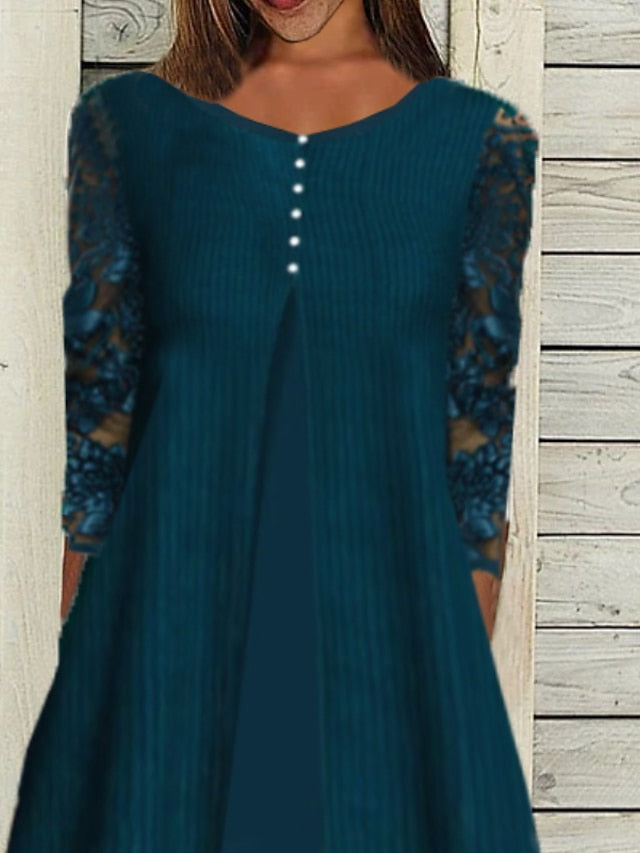 Womenâ€˜s Gauze Dress Midi Dress Navy Blue 3/4 Length Sleeve Pure Color Lace Fall Winter Crew Neck Stylish Modern 2023 3XL - LuckyFash™