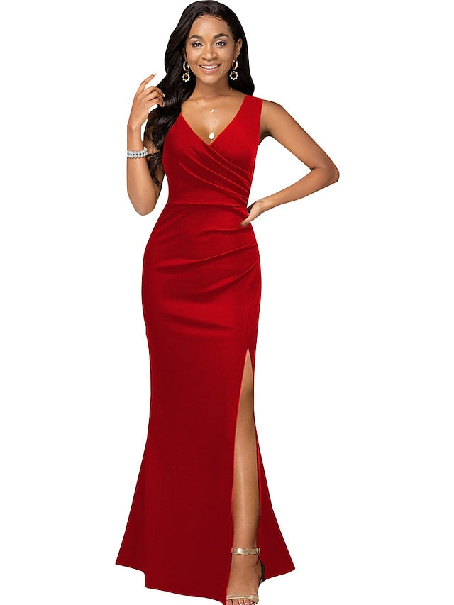 Formal Party Dress Sheath Dress Long Dress Maxi Dress Black Wine Red Sleeveless Pure Color Split Spring Summer V Neck Slim  S M L XL XXL for Women - LuckyFash™