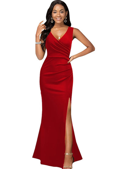 Formal Party Dress Sheath Dress Long Dress Maxi Dress Black Wine Red Sleeveless Pure Color Split Spring Summer V Neck Slim  S M L XL XXL for Women - LuckyFash™