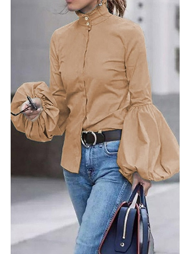 elegant turtleneck balloon sleeve work solid blouse - LuckyFash™