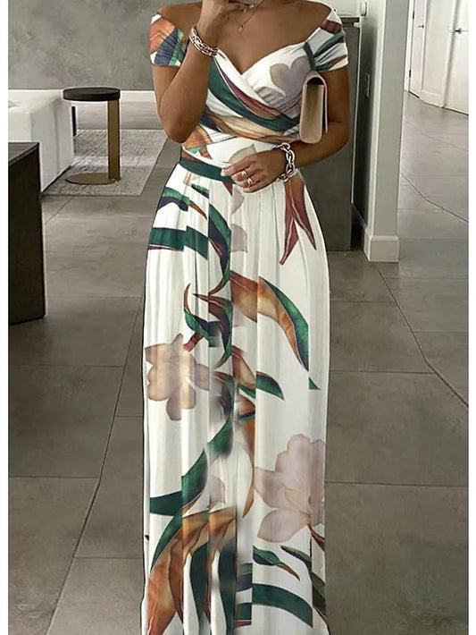 Womenâ€˜s Formal Party Dress Sheath Dress Long Dress Maxi Dress White Short Sleeve Floral Ruched Winter Fall Spring Off Shoulder Stylish Office Wedding Guest 2023 S M L XL XXL 3XL - LuckyFash™