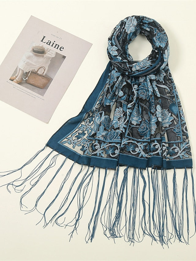 Fashion Women Viscose Scarf Laser Cut Lace Floral Patchwork Tassel Hijab Shawls and Wraps Female Foulards Echarpe for Women - LuckyFash™