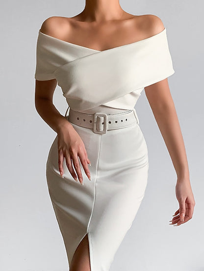 Womenâ€˜s Formal Party Dress Wedding Guest Dress Bodycon Sheath Dress Midi Dress Black White Pink Short Sleeve Pure Color Backless Spring Summer Autumn Off Shoulder Stylish Slim 2023 S M L XL XXL 3XL - LuckyFash™