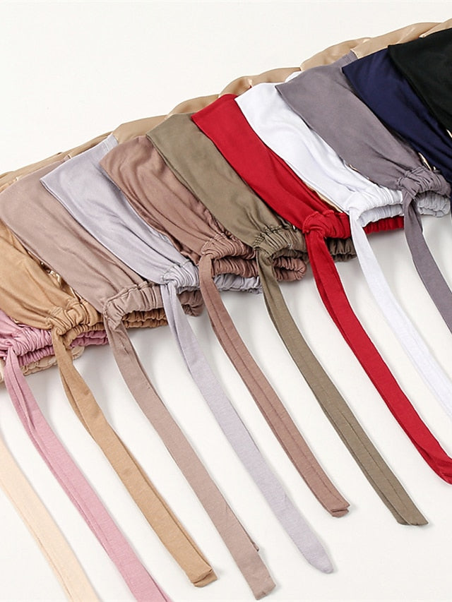 Muslim Satin Hijab Cap Full Cover Inner Hat Islamic Head Wear Stretch Turban Underscarf Bonnet Straps Headband - LuckyFash™