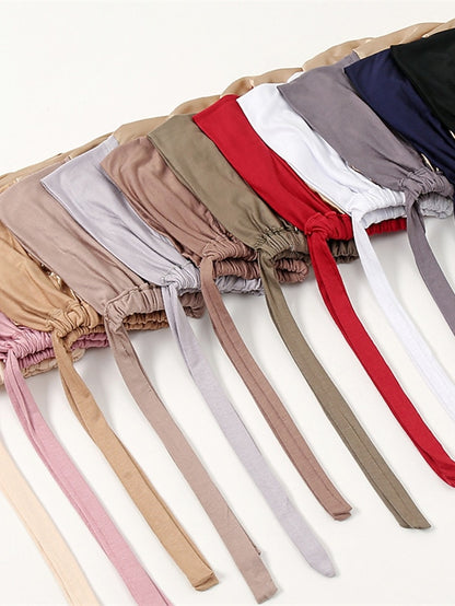 Muslim Satin Hijab Cap Full Cover Inner Hat Islamic Head Wear Stretch Turban Underscarf Bonnet Straps Headband - LuckyFash™