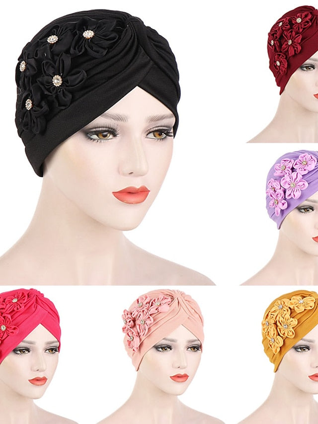 Elegant Women Five Flowers Turban Caps Muslim Elastic Crystal Party Headscarf Bonnet Ladies Hair Accessories Indian Cap - LuckyFash™