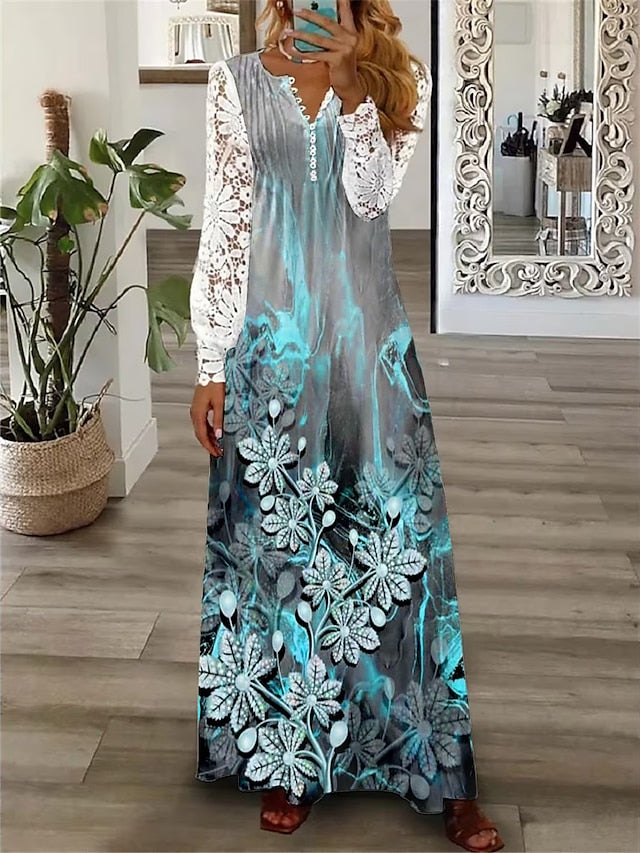 Women's Floral Lace Pleated Dresses Long Dress Maxi Dress A Line Dress Print Dress SpringÂ Dress Graphic Modern Date Vacation Weekend Long Sleeve V Neck Dress Blue Green Gray Spring Fall S M L XL - LuckyFash™