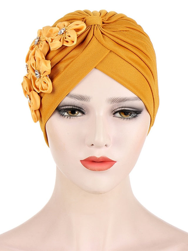 Elegant Women Five Flowers Turban Caps Muslim Elastic Crystal Party Headscarf Bonnet Ladies Hair Accessories Indian Cap - LuckyFash™