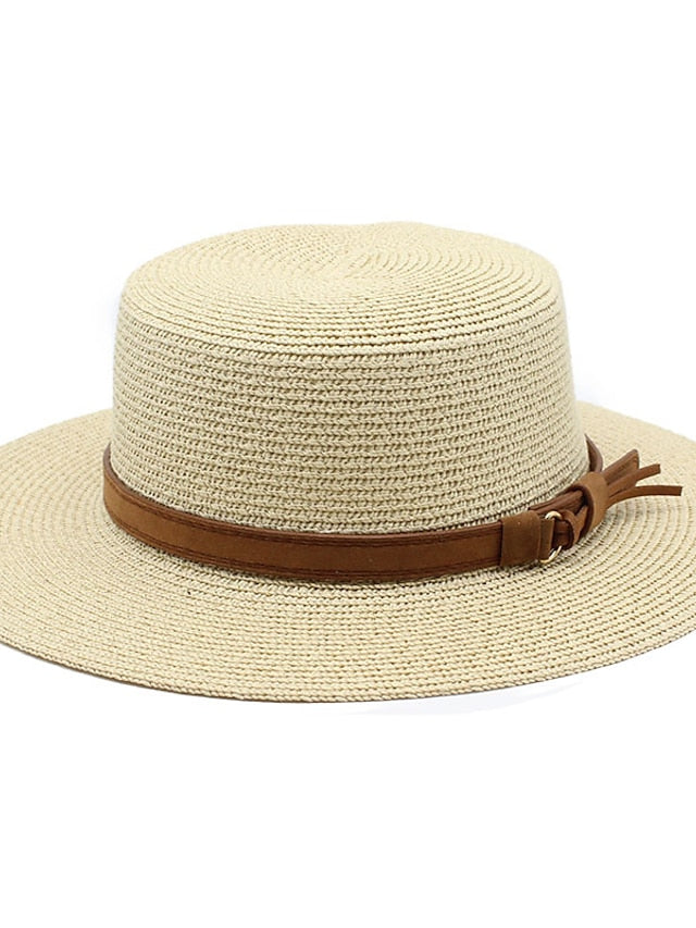 with Leather Rope Flat Cap Panama Hat Summer Sun Hats For Women Men Beach Straw Hat Fashion Sun Protection Travel Cap - LuckyFash™