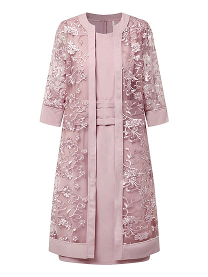 Women's Lace Dress Dress Set Two Piece Dress Midi Dress Pink Half Sleeve Pure Color Mesh Summer Spring Fall Crew Neck Fashion Office Wedding Guest 2023 S M L XL XXL 3XL - LuckyFash™