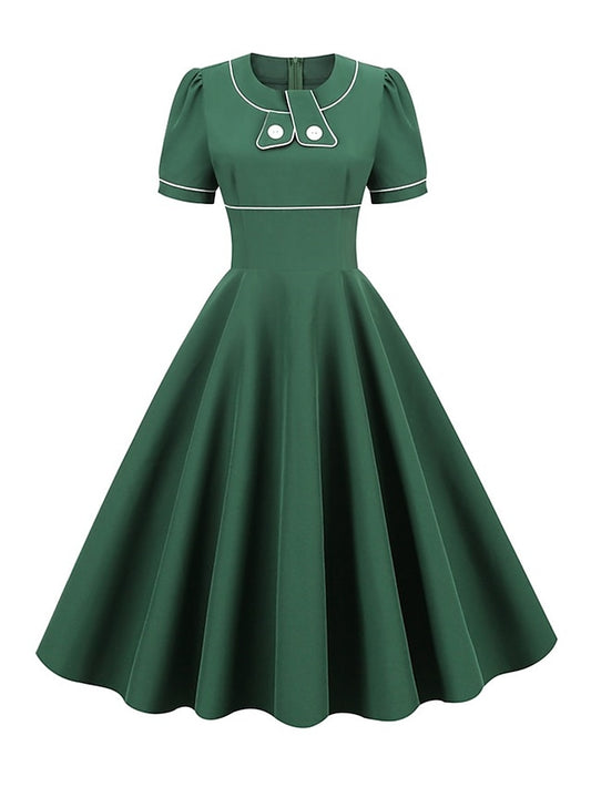 Women's Elegant Retro Vintage Dress Midi Dress Outdoor Daily Button Plain Crew Neck Short Sleeve Regular Fit Summer Spring 2023 Black Wine S M L XL - LuckyFash™