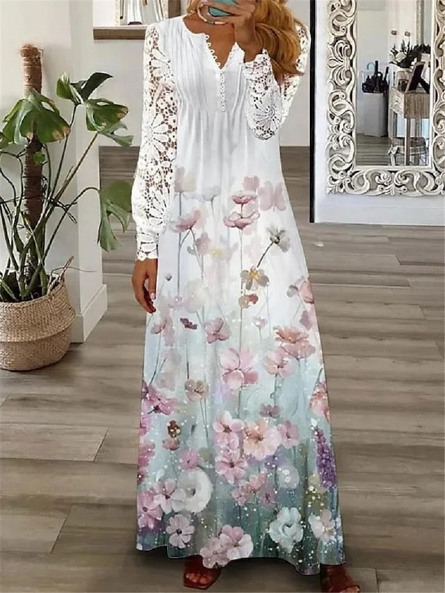 Floral Lace Pleated Dresses Eyelet Long Dress Maxi Dress A Line Dress Print Dress Fashion Casual Outdoor Daily Button Long Sleeve V Neck Regular Fit White Pink Red Spring Summer S M L XL for Women - LuckyFash™