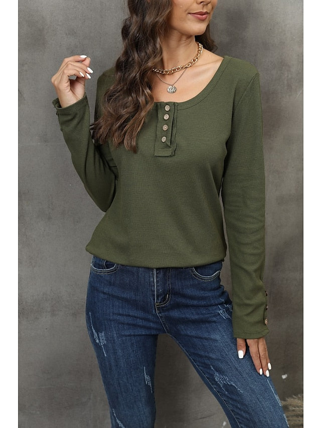 Henley Shirt Pullover Sweatshirt Black White Red Plain Button Long Sleeve Casual Basic Round Neck Regular S for Women - LuckyFash™