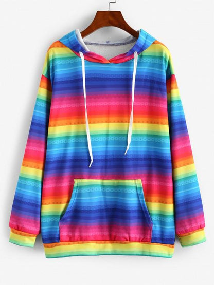 Kangaroo Pocket Drawstring Rainbow Stripes Hoodie - LuckyFash™