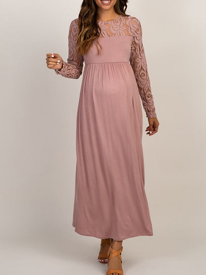 Womenâ€˜s Baby Shower Dress Casual Dress Lace Dress Sheath Dress Solid Color Maxi Long Sleeve Lace Patchwork Crew Neck Black White Pink Spring S M L XL XXL - LuckyFash™
