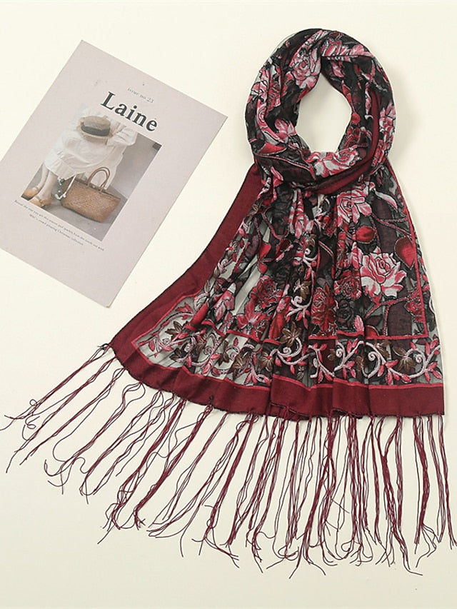 Fashion Women Viscose Scarf Laser Cut Lace Floral Patchwork Tassel Hijab Shawls and Wraps Female Foulards Echarpe for Women - LuckyFash™