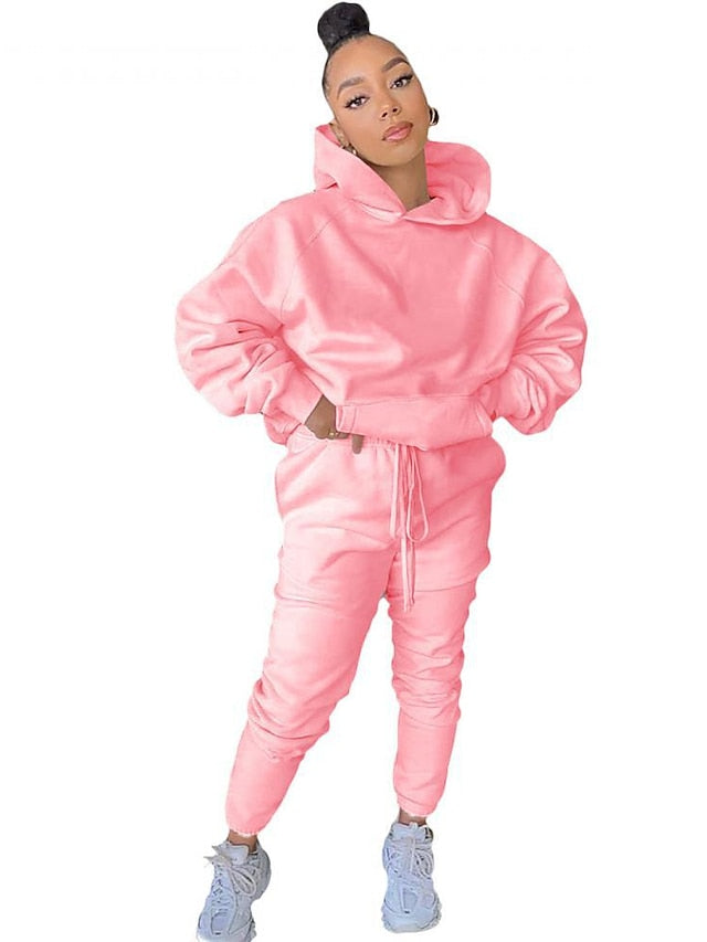 Women's Hoodie Tracksuit Pants Sets Streetwear Blue Pink Sports Outdoor Casual Daily Plain Drawstring Hooded S M L XL XXL - LuckyFash™