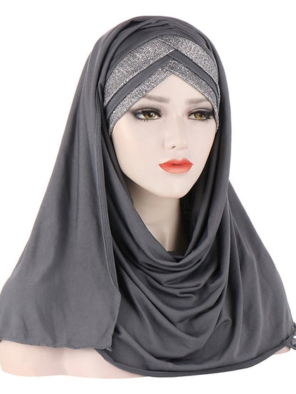 Forehead Cross Hair Wrap Scarf Solid Color Glitter Sequins Jersey Hijabs Muslim Headband Women Turban Hair Cap Headscarf - LuckyFash™