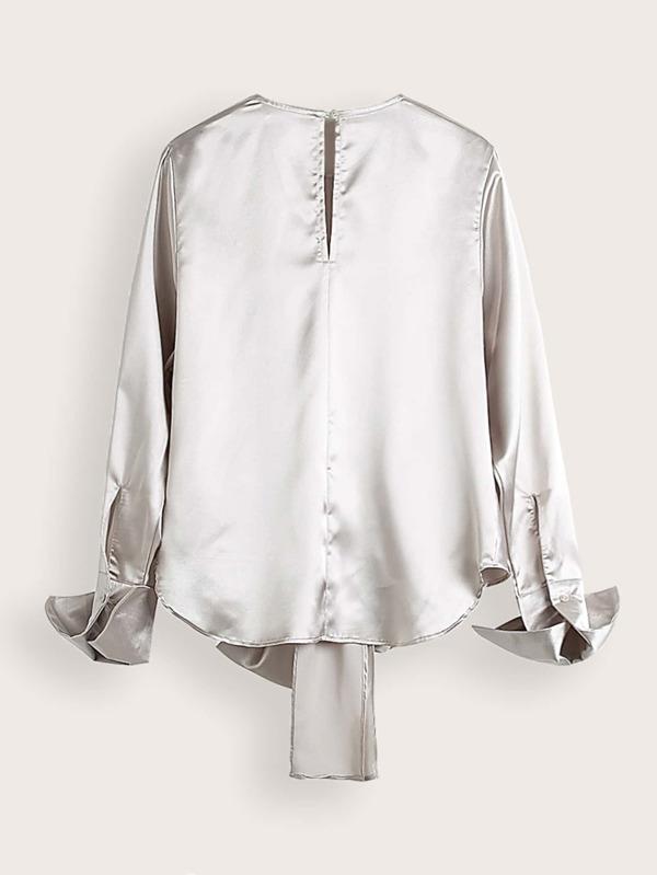 Keyhole Back Knot Hem Satin Blouse - LuckyFash™