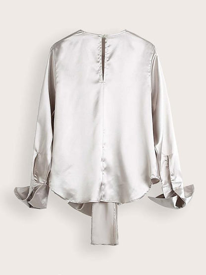 Keyhole Back Knot Hem Satin Blouse - LuckyFash™