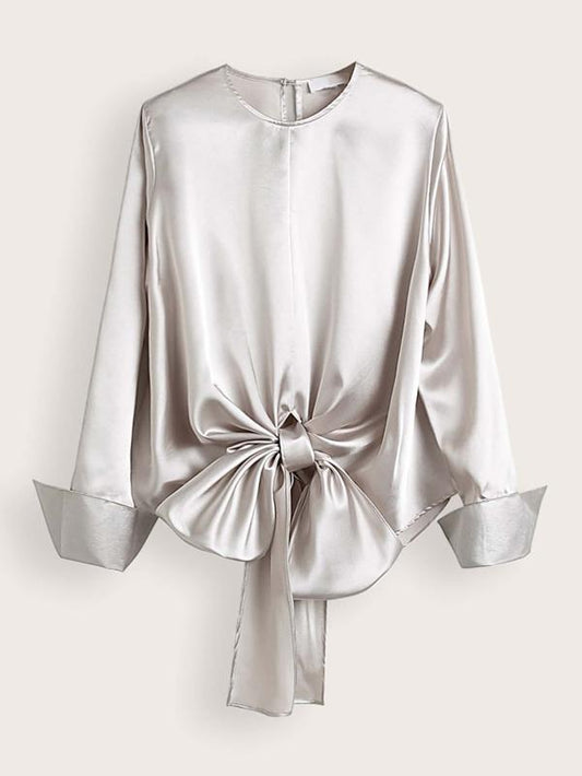 Keyhole Back Knot Hem Satin Blouse - LuckyFash™
