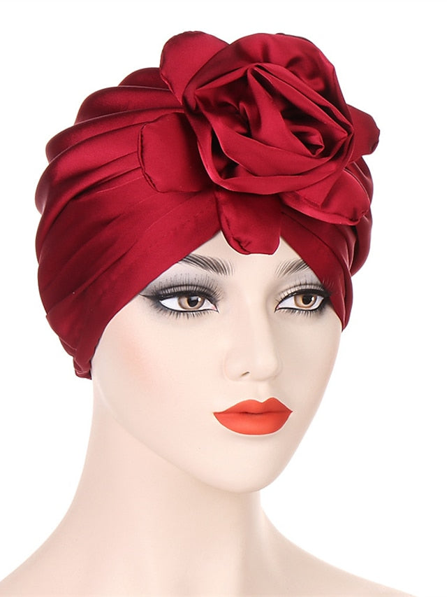 Big Flower Muslim Women Turban Satin Head Wrap Hijab Sleep Night Hat Hair Care Cap Indian Elastic Beanie Ladies Hair Loss Headwear - LuckyFash™