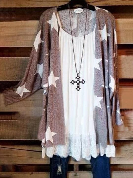 Khaki Casual Cotton-Blend Star Outerwear - LuckyFash™