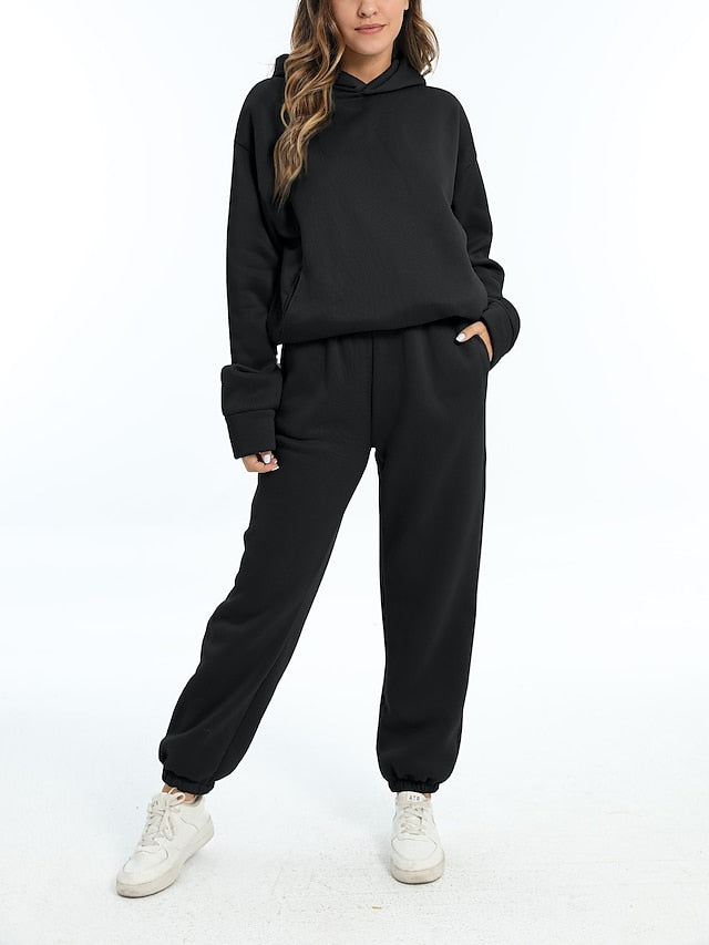 Hoodie 2 Piece Solid / Plain Color Sports Regular Winter Creamy-white ArmyGreen Big red Purple Pink for Women - LuckyFash™