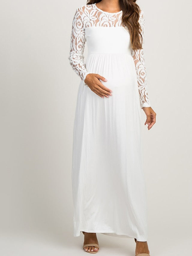 Womenâ€˜s Baby Shower Dress Casual Dress Lace Dress Sheath Dress Solid Color Maxi Long Sleeve Lace Patchwork Crew Neck Black White Pink Spring S M L XL XXL - LuckyFash™