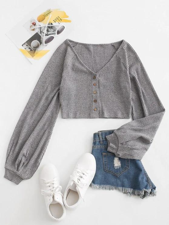Knit Voluminous Sleeve Cropped Cardigan - LuckyFash™