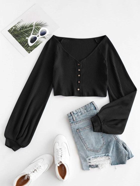 Knit Voluminous Sleeve Cropped Cardigan - LuckyFash™