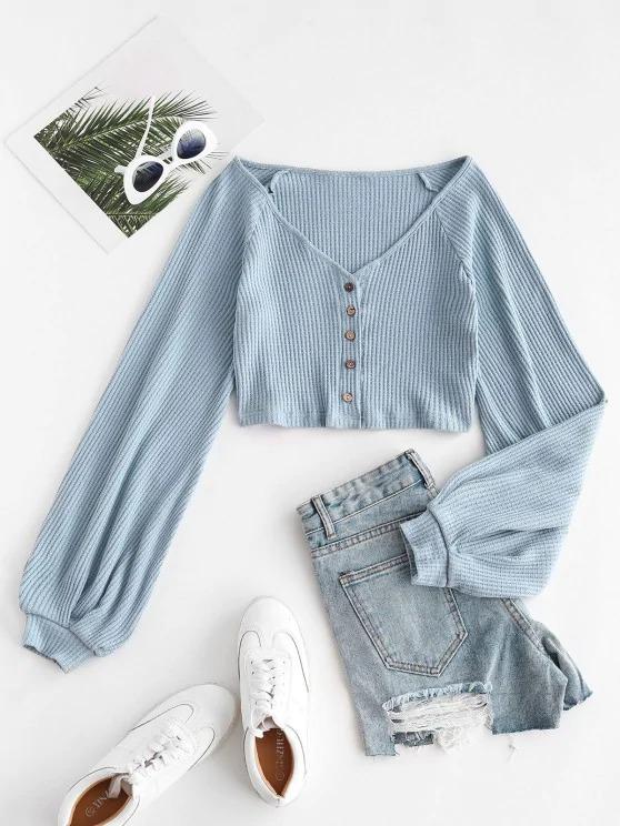 Knit Voluminous Sleeve Cropped Cardigan - LuckyFash™
