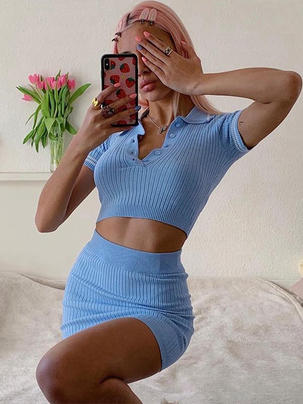 Knitted Ribbed Knitting Crop Top Two Pieces Set - LuckyFash™