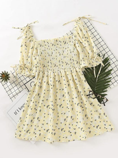 Knot Detail Ditsy Floral Shirred Dress - LuckyFash™
