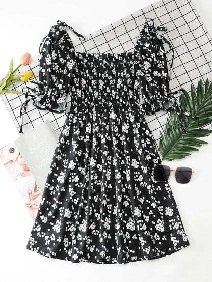 Knot Detail Ditsy Floral Shirred Dress - LuckyFash™