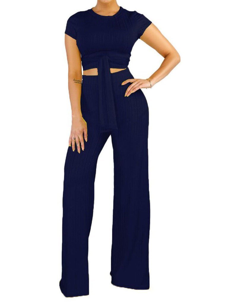 Knot Front Crop Top & Wide Leg Pants Set - LuckyFash™