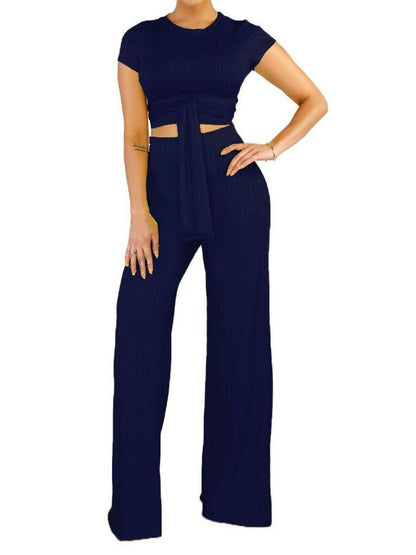 Knot Front Crop Top & Wide Leg Pants Set - LuckyFash™