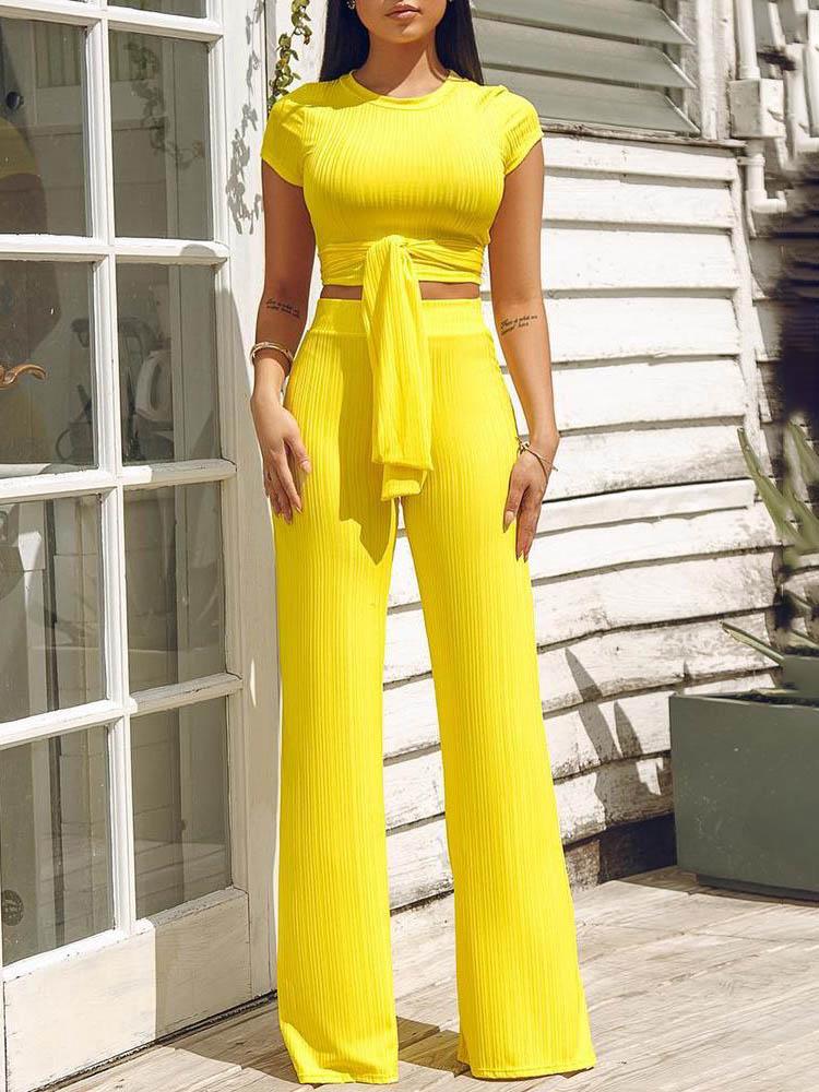 Knot Front Crop Top & Wide Leg Pants Set - LuckyFash™